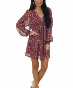 Peach Love Burgundy Floral Print Woven Silky Short Dress Dresses