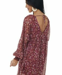 Peach Love Burgundy Floral Print Woven Silky Short Dress Dresses