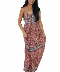 ANGIE Burgundy Printed Sleeveless Tie Front Maxi Dress Dresses