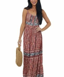 ANGIE Burgundy Printed Sleeveless Tie Front Maxi Dress Dresses