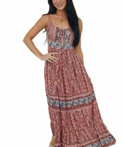 ANGIE Burgundy Printed Sleeveless Tie Front Maxi Dress Dresses