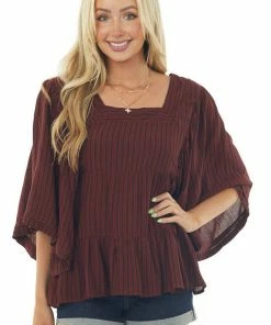 ANGIE Burgundy Striped Angel Sleeve Tiered Woven Top Tops