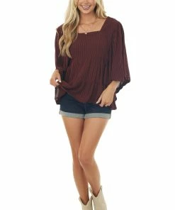ANGIE Burgundy Striped Angel Sleeve Tiered Woven Top Tops