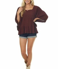 ANGIE Burgundy Striped Angel Sleeve Tiered Woven Top Tops