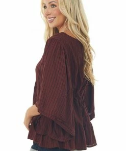 ANGIE Burgundy Striped Angel Sleeve Tiered Woven Top Tops