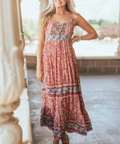 ANGIE Burgundy Printed Sleeveless Tie Front Maxi Dress Dresses
