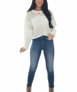 LE LIS Buttercream Chenille Pointelle Cropped Sweater Tops