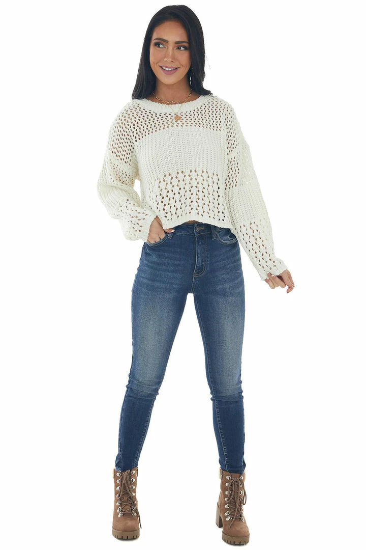 LE LIS Buttercream Chenille Pointelle Cropped Sweater Tops 7 LE LIS Buttercream Chenille Pointelle Cropped Sweater Tops