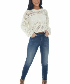 LE LIS Buttercream Chenille Pointelle Cropped Sweater Tops 21 LE LIS Buttercream Chenille Pointelle Cropped Sweater Tops