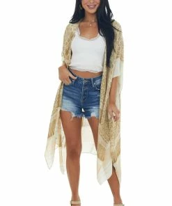 ANGIE Buttercream Printed Kimono With High Side Slits