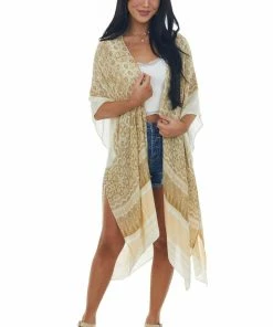 ANGIE Buttercream Printed Kimono With High Side Slits