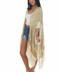 ANGIE Buttercream Printed Kimono With High Side Slits