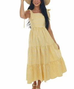 FSL APPAREL Dresses Buttercream Striped Midi Dress With Tie Straps