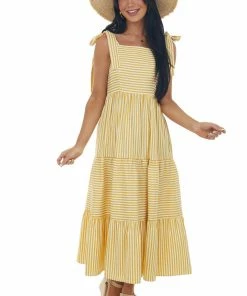 FSL APPAREL Dresses Buttercream Striped Midi Dress With Tie Straps