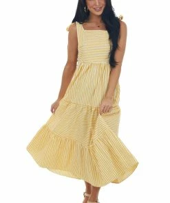 FSL APPAREL Dresses Buttercream Striped Midi Dress With Tie Straps