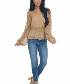 Peach Love Camel Off Shoulder Swiss Dot Peplum Blouse