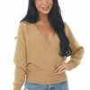 Lush Clothing Tops Camel Ribbed Knit Surplice Long Sleeve Top