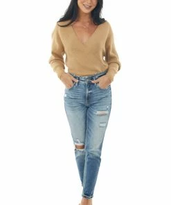 Lush Clothing Tops Camel Ribbed Knit Surplice Long Sleeve Top