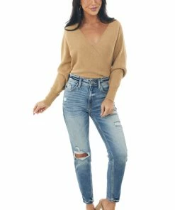 Lush Clothing Tops Camel Ribbed Knit Surplice Long Sleeve Top