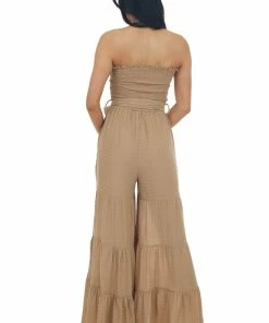 HYFVE Camel Strapless Smocked Flare Leg Jumpsuit