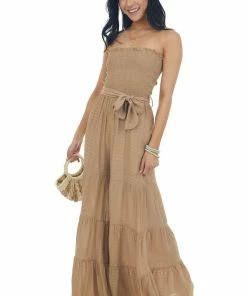 HYFVE Camel Strapless Smocked Flare Leg Jumpsuit