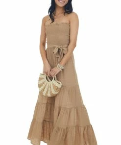 HYFVE Camel Strapless Smocked Flare Leg Jumpsuit