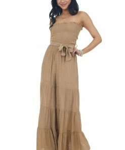 HYFVE Camel Strapless Smocked Flare Leg Jumpsuit