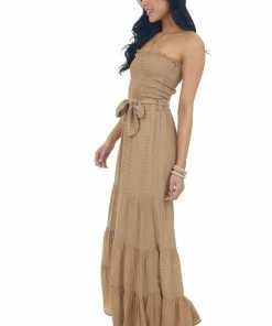 HYFVE Camel Strapless Smocked Flare Leg Jumpsuit