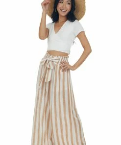 L Love Camel Striped Wide Leg High Rise Tie Pants