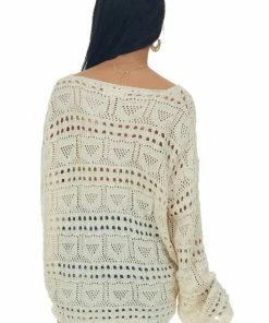 Listicle Cream V Neck Ruched Front Crochet Pullover Tops