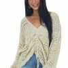 Listicle Cream V Neck Ruched Front Crochet Pullover Tops 2 Listicle Cream V Neck Ruched Front Crochet Pullover Tops