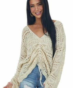 Listicle Cream V Neck Ruched Front Crochet Pullover Tops