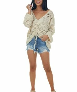 Listicle Cream V Neck Ruched Front Crochet Pullover Tops