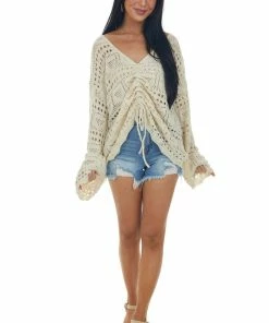 Listicle Cream V Neck Ruched Front Crochet Pullover Tops