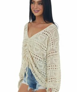 Listicle Cream V Neck Ruched Front Crochet Pullover Tops