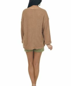 Jodifl Camel Waffle Knit Notch Neck Top With Loose Long Sleeves Tops 24 Jodifl Camel Waffle Knit Notch Neck Top With Loose Long Sleeves Tops