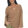 Jodifl Camel Waffle Knit Notch Neck Top With Loose Long Sleeves Tops