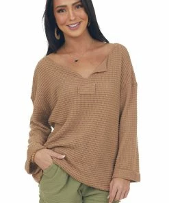 Jodifl Camel Waffle Knit Notch Neck Top With Loose Long Sleeves Tops