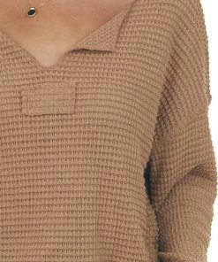 Jodifl Camel Waffle Knit Notch Neck Top With Loose Long Sleeves Tops 25 Jodifl Camel Waffle Knit Notch Neck Top With Loose Long Sleeves Tops