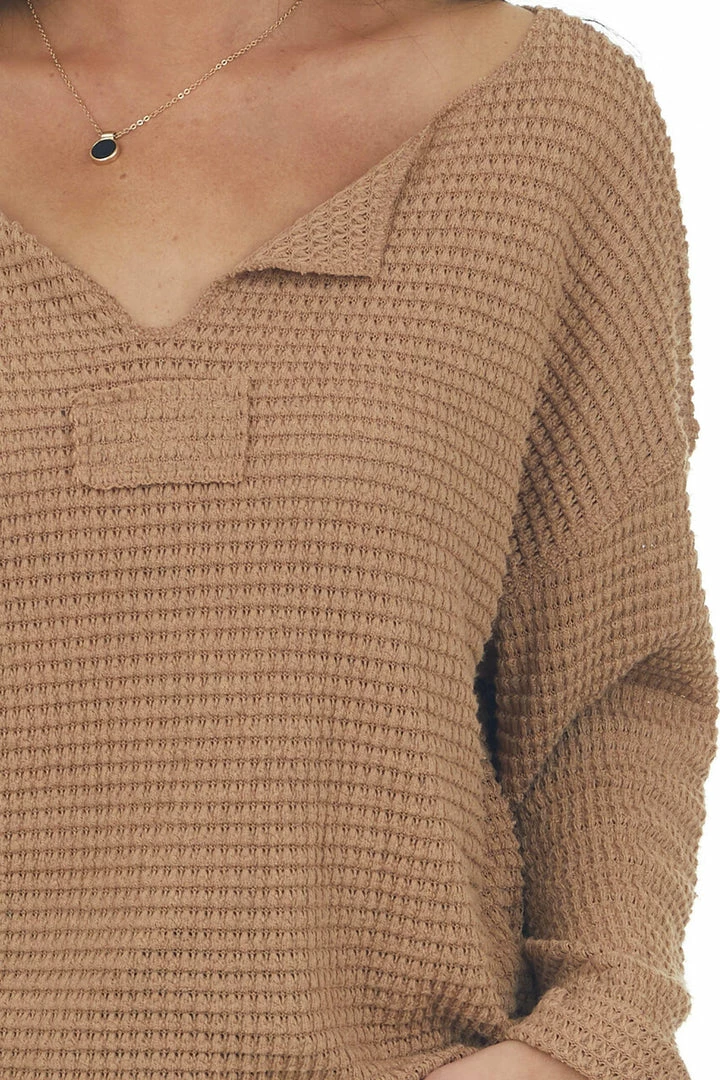 Jodifl Camel Waffle Knit Notch Neck Top With Loose Long Sleeves Tops 10 Jodifl Camel Waffle Knit Notch Neck Top With Loose Long Sleeves Tops