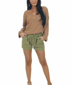 Jodifl Camel Waffle Knit Notch Neck Top With Loose Long Sleeves Tops 22 Jodifl Camel Waffle Knit Notch Neck Top With Loose Long Sleeves Tops