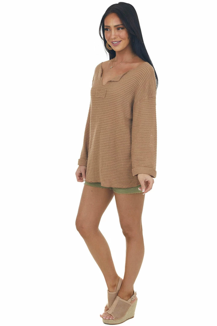 Jodifl Camel Waffle Knit Notch Neck Top With Loose Long Sleeves Tops 8 Jodifl Camel Waffle Knit Notch Neck Top With Loose Long Sleeves Tops