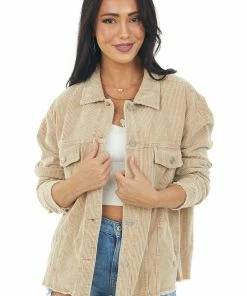 Newbury Kustom Camel Washed Corduroy Frayed Edge Shacket