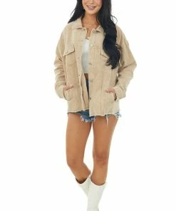 Newbury Kustom Camel Washed Corduroy Frayed Edge Shacket