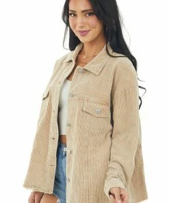 Newbury Kustom Camel Washed Corduroy Frayed Edge Shacket