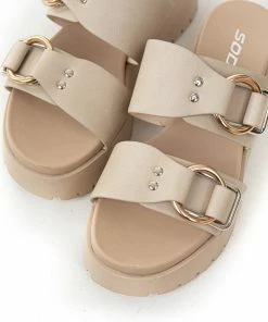 FORTUNE DYNAMIC Camel Faux Leather Platform Sandals With Buckles Shoes