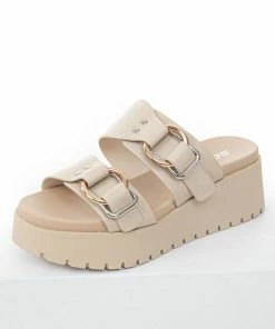 FORTUNE DYNAMIC Camel Faux Leather Platform Sandals With Buckles Shoes