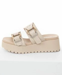 FORTUNE DYNAMIC Camel Faux Leather Platform Sandals With Buckles Shoes