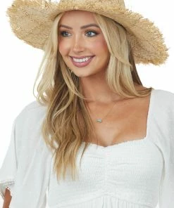 Urbanista Camel Frayed Edge Rope Tie Detail Woven Straw Hat Accessories