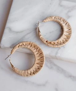 Fame Accessories Camel Woven Raffia Saddleback Hoop Earrings